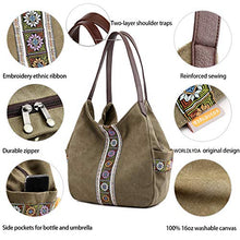 Load image into Gallery viewer, Worldlyda Women Canvas Hobo Purse Multi Pocket Tote Shopper Shoulder Bag Casual Top Handle handbag with Embroidery Ethnic (Upgraded Army Green)
