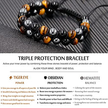 Load image into Gallery viewer, HASKARE Triple Protection Bracelet, Genuine Tigers Eye Black Obsidian and Hematite 8mm Beads Bracelet for Men Women, Crystal Jewelry Stone Bracelets Bring Luck and Prosperity and Happiness
