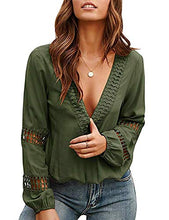 Load image into Gallery viewer, Viracy Womens Fall Tops, Girls Puff Long Sleeve Deep V Neck Blouse Sexy Lace Hallow Out Easy Fit Trendy Classic Shirt A-Line Design Clothes to Wear with Leggings Army Green Small
