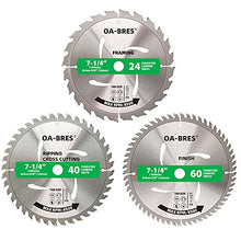 Load image into Gallery viewer, 3Pack Combo 7-1/4 Inch Circular Saw Blades with 5/8" Arbor, TCT ATB 24T Framing, 40T Crosscutting, 60T Finish Saw Blade for Various Wood Cutting
