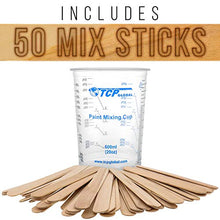 Load image into Gallery viewer, TCP Global 20 Ounce (600ml) Disposable Flexible Clear Graduated Plastic Mixing Cups - Box of 100 Cups &amp; 50 Mixing Sticks - Use for Paint, Resin, Epoxy, Art, Kitchen - Measuring Ratios 2-1, 3-1, 4-1 ML
