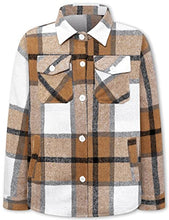 Load image into Gallery viewer, SANGTREE Girl's Plaid Flannel Jacket Shackets Button Down Long Sleeve Classic Print Shirt Coat Tops, YF2 Plaid Jacket -Khaki, 3-4T = Tag 110
