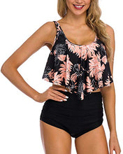 Load image into Gallery viewer, COSKAKA Women's High Neck Two Piece Bathing Suits Top Ruffled High Waist Swimsuit Tankini Bikini Sets Green &amp; Leaves L
