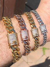 Load image into Gallery viewer, Men's Miami Cuban Bracelet - Iced Out Diamond Clasp - Iced Out Men's Heavy Cuban Link - 14k 18k Yellow Or Rose Gold Over Stainless Steel - Never Changes Color (7.5, 10mm - 14k White)

