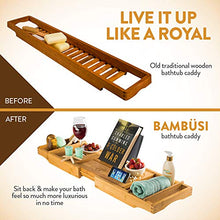 Load image into Gallery viewer, Luxury Bamboo Bathtub Tray Caddy - Expandable and Nonslip Bath Caddy with Book/Tablet and Wine Glass Holder - Great Gift Idea for Loved Ones
