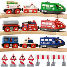 Load image into Gallery viewer, On Track USA Wooden Train Set Battery Operated Action Rescue Trains Includes 3 Magnetic Motorized Engines and 6 Cars, Compatible with Wooden Train Tracks From All Major Brands (Batteries Not Included)

