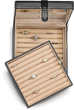 Load image into Gallery viewer, Glenor Co Ring Organizer Box - 108 Slot Classic Jewelry Display Holder - 2 Storage Trays with Modern Buckle Closure, Large Mirror - Holds Rings and Cufflinks - PU Leather Case - Black
