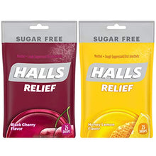 Load image into Gallery viewer, HALLS Relief Variety Pack Honey Lemon and Black Cherry Sugar Free Cough Drops, 6 Packs of 25 Drops (150 Total Drops)
