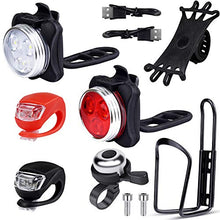 Load image into Gallery viewer, EAONE Bicycle Accessories with USB Rechargeable Bike Light Silicone LED Bicycle Light Front and Back Bike Water Bottle Holder Silicone Bike Phone Mount and Bike Bell (USB Cables and Straps Included)
