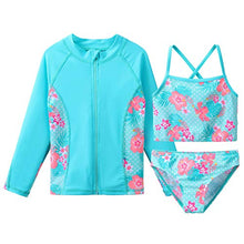 Load image into Gallery viewer, TFJH E Girls Swimsuits Long Sleeve Tankini Rashguard Sets Beachwear UV 50+ Cyan Flower 10A
