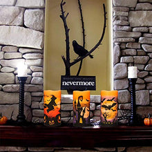 Load image into Gallery viewer, DRomance Flameless Flickering Candles Battery Operated with 6 Hour Timer, Set of 3 Real Wax LED Pillar Candles Warm Light with Castle, Witch, Bats Decal Halloween Decor Candles for Kids(D3" x H6")
