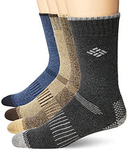 Load image into Gallery viewer, Columbia Men's 4 Pack Mid-Calf Moisture Control Ribbed Crew Socks, Black/Brown/Blue/Khaki, 6-12
