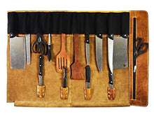 Load image into Gallery viewer, Leather Knife Roll Storage Bag, Elastic and Expandable 10 Pockets, Adjustable/Detachable Shoulder Strap, Travel-Friendly Chef Knife Case Roll By Aaron Leather (Caramel, Leather)
