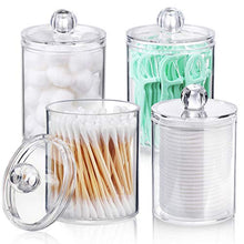 Load image into Gallery viewer, AOZITA 4 Pack Qtip Holder Dispenser for Cotton Ball, Cotton Swab, Cotton Round Pads, Floss - 10 oz Clear Plastic Apothecary Jar Set for Bathroom Canister Storage Organization, Vanity Makeup Organizer
