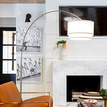 Load image into Gallery viewer, Brightech Mason - Arc Floor Lamp with Unique Hanging Drum Shade for Living Room Matches Your Decor - Arching Over The Couch from Behind, This Standing Pole Light Gets Compliments - Nickel

