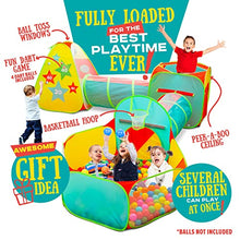Load image into Gallery viewer, Children’s 5pc Pop Up Play Tent with Ball Pit &amp; Crawl Tunnel – Pretend Playhouse for Kids, Toddlers, Boys, Girls, Indoors &amp; Outdoors – Target Game with 4 Dart Balls – with Carry Case
