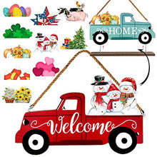 Load image into Gallery viewer, Winder Truck Welcome Sign &amp; Home Sign, 2-Side Red Truck Christmas Decor Signs with 10 Pcs Icons for Front Door, Holiday, Fall, Christmas, Harvest, Easter, Halloween, Seasonal and Interchangeable Wall Hanging &amp; Freestanding Tabletop Decor for Your Home
