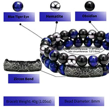 Load image into Gallery viewer, 2Pcs Triple Protection Bracelet,Natural Tigers Eye Black Obsidian and Hematite 8 MM Beads Bracelet for Men Women Gift, Healing Crystal Bracelet Bring Luck and Prosperity and Happiness (Blue)
