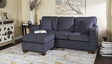 Load image into Gallery viewer, OSP Home Furnishings Russell Reversible Sectional Sofa with 2 Pillows and Coffee Finished Legs, Navy
