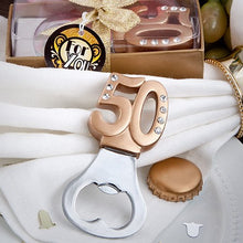 Load image into Gallery viewer, Fashioncraft 50th Anniversary Birthday Wine Bottle Opener with Stopper Gift Set Favors with Card, 50th Golden Design

