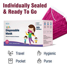 Load image into Gallery viewer, WeCare Individually Wrapped Kids Face Masks - 50 Pack - Soft on Skin - Disposable, 3 Ply - 5.7" x 3.7" Children's Size - 3 Layer Protectors with Elastic Earloops - Latex Free - Pink
