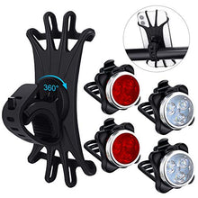 Load image into Gallery viewer, 4 Pieces USB Rechargeable Bicycle Light Front Back Bike Lights Set with 1 Piece 360 Degree Rotation Silicone Bicycle Phone Mount Bike Accessories Bike Phone Holder
