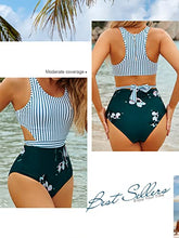 Load image into Gallery viewer, MOLYBELL One Piece Swimsuits for Women High Waisted Bathing Suit Monokini Floral Print Cutout Racerback Zip Up (Green/Hibiscus, Large)
