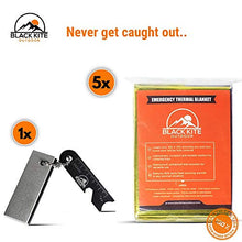 Load image into Gallery viewer, Black Kite Outdoor XL Survival Mylar Thermal Space Blankets (5 -Pack) + Magnesium Flint Block &amp; Striker Fire Starter Designed to Retain Heat, Outdoors, Hiking, Camping, First Aid, Marathon, Emergency
