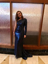 Load image into Gallery viewer, BEAUTBRIDE Women’s One Shoulder Sequin Mermaid Evening Dress Long Sleeve Formal Prom Gown with Slit Burgundy B 2
