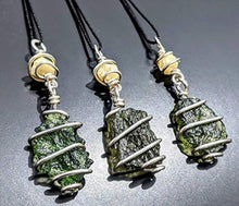 Load image into Gallery viewer, MOLDAVITE &amp; RHODIZITE NECKLACE Wire Wrap 925 Silver on a 19" Durable Black Silk Chain! Metaphysical Reiki Healing Energy Genuine Czech Synergy 12 Crystal Pendant Tektite!
