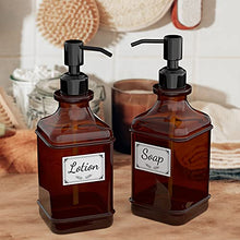 Load image into Gallery viewer, GLADPURE Soap Dispenser 2 Pack, Hand Soap Dispensers with 18 Oz Antique Design Thick Amber Glass Bottle, 316 Rust Proof Stainless Steel Black Pump, 6Pcs Stickers, for Lotion, Soap, Essential Oil
