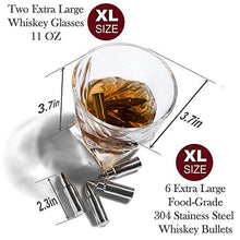Load image into Gallery viewer, Whiskey Bullet Stones Premium Gift Set By Frolk, Set Of 6 Extra Large Stainless Steel Whiskey Stones, 2 Large Twisted Whiskey Glasses (11 oz), Freezer Base, Velvet Pouch &amp; Tongs In Novelty Wooden Box
