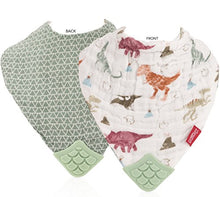 Load image into Gallery viewer, Nuby Reversible 100% Natural Cotton Muslin 3 Piece Teething Bib, Green/Grey/Blue, Dinosaur/Bear/Stripes
