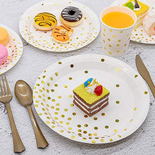 Load image into Gallery viewer, White and Gold Party Supplies 350PCS Disposable Dinnerware Set - White Paper Dinner/Dessert Plates Napkins Cups, Gold Plastic Forks Knives Spoons for Birthday Graduation Fathers Day Independence Day

