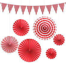 Load image into Gallery viewer, Red and White Checkered Gingham Pennant Banner with Hanging Paper Fans Set for Picnic BBQ Birthday Wedding Party Decoration
