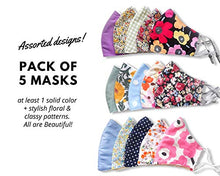 Load image into Gallery viewer, Stylish Cotton Face Mask with Filter Pocket, Handmade Floral Plaid design facemasks for women, washable reusable 3 layers, Ready to SHIP, Pack of 5
