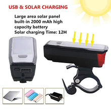 Load image into Gallery viewer, Solar USB Rechargeable Bike Front Lights Set 5 Modes 120db Bicycle Bell Horn 350 Lumens 4 Mode Waterproof Bicycle Headlight, USB Output Charge Your Mobile Phone, Road Cycling Safety Flashlight Lights
