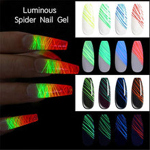 Load image into Gallery viewer, Mzthkly 8pcs Sugar Nail Art Luminous Spider UV Gel Polish, Neon Fluorescent Effect Gel DIY, Spider Gel for Nail Art Glow in The Dark, Paint Design Art Kit Wire Drawing Nail Gel
