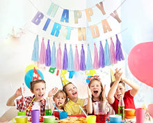 Load image into Gallery viewer, YAKRUNA Holographic Happy Birthday Banner, Iridescent Birthday Party Supplies With 15PCS Rainbow Tassel Paper Garlands for Teens Kids Girls Women
