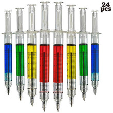 Load image into Gallery viewer, Syringe Pens - (Bulk Pack of 24) Retractable Fun Multi Color Novelty Pen for Nurses, Nursing Student School Supplies, Birthdays, Stocking Stuffers and Party Favor Gifts by Bedwina
