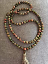 Load image into Gallery viewer, Unakite and Moonstone Mala 108 Beads | Mala Necklace | Smooth Beads for Mantra | Tassel Mala | Meditation Beads
