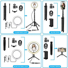 Load image into Gallery viewer, 10" Selfie Ring Light with Tripod Stand &amp; Cell Phone Holder for Live Stream/Makeup, Dimmable Led Camera Ringlight for YouTube TikTok/Photography Compatible for iPhone and Android Phone
