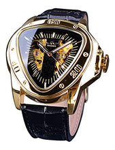 Load image into Gallery viewer, Winner Fashion Mechanical Wrist Watch Triangle Racing Dial, Waterproof Golden Skeleton Dial Automatic Movement Leather Design Mechanical Watch for Men
