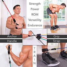 Load image into Gallery viewer, Resistance Bands Home Exercise Equipment - 5 Bands with Handles, Door Anchor, Ankle traps, Cooling Towel, Folding Exercise Mat, Massage Ball, and Carry Bag - Home Gym Workout Bands for Men Women
