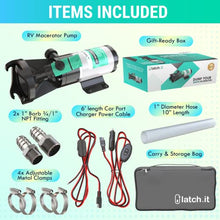 Load image into Gallery viewer, LATCH.IT RV Macerator Pump | 12V Quick-Release Macerator Pump for RV | RV Waste Pump Macerator w/All Fittings, Hoses &amp; Clamps You’ll Need | Portable RV Pump | Dump 12-15 Gallons of Waste per Minute!

