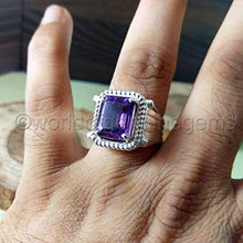 Load image into Gallery viewer, Amethyst Silver Men Ring, Solid 925K Sterling Silver, Faceted Square, Natural, Handmade Jewelry, Rope Design, Four Prong Design, Men's Amethyst Ring, Gift For Him, Good Friday Gift, Size 4-13
