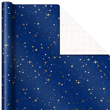 Load image into Gallery viewer, Hallmark Holiday Wrapping Paper with Cut Lines on Reverse (3 Rolls: 120 sq. ft. ttl) Starry Snowflakes, Winter Galaxy, Navy Blue, Gold for Christmas, Hanukkah, Birthdays, Graduations, Weddings
