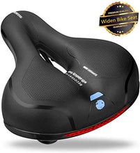 Load image into Gallery viewer, SGODDE Comfortable Bike Seat- Replacement Wide Bicycle Saddle Memory Foam Padded Soft Bike Cushion with Dual Shock Absorbing Rubber Balls Universal Fit for Indoor/Outdoor Bikes with Reflective Strip
