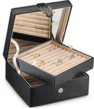 Load image into Gallery viewer, Glenor Co Ring Organizer Box - 108 Slot Classic Jewelry Display Holder - 2 Storage Trays with Modern Buckle Closure, Large Mirror - Holds Rings and Cufflinks - PU Leather Case - Black
