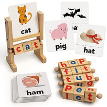 Load image into Gallery viewer, Coogam Wooden Reading Blocks Short Vowel Rods Spelling Games, Flash Cards Turning Rotating Letter Puzzle for Kids, Sight Words Montessori Spinning Alphabet Learning Toy for Preschool Boys Girls
